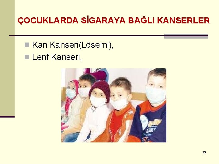 ÇOCUKLARDA SİGARAYA BAĞLI KANSERLER n Kanseri(Lösemi), n Lenf Kanseri, 25 