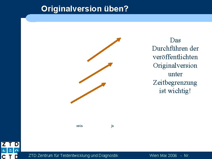 Originalversion üben? Das Durchführen der veröffentlichten Originalversion unter Zeitbegrenzung ist wichtig! nein ja ZTD