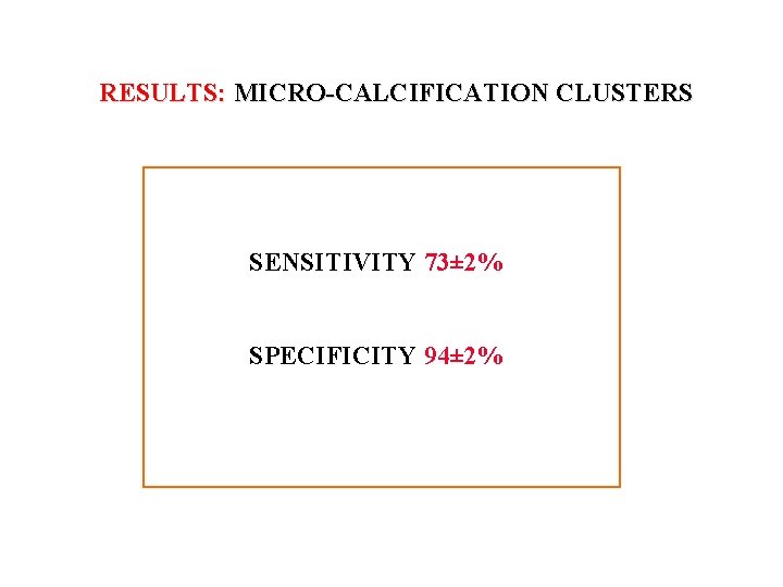 RESULTS: MICRO-CALCIFICATION CLUSTERS SENSITIVITY 73± 2% SPECIFICITY 94± 2% 