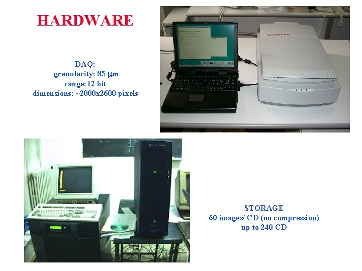 HARDWARE DAQ: granularity: 85 mm range: 12 bit dimensions: ~2000 x 2600 pixels STORAGE