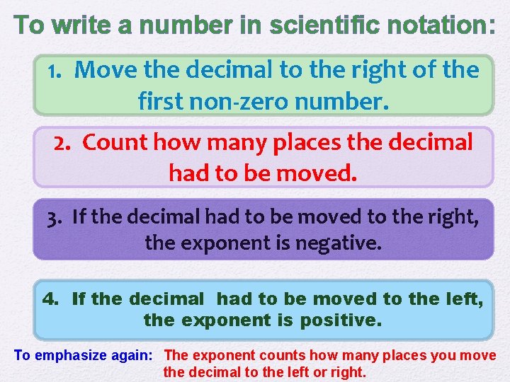 To write a number in scientific notation: 1. Move the decimal to the right