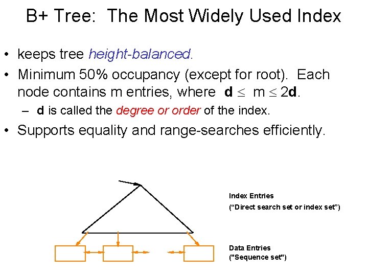 B+ Tree: The Most Widely Used Index • keeps tree height-balanced. • Minimum 50%