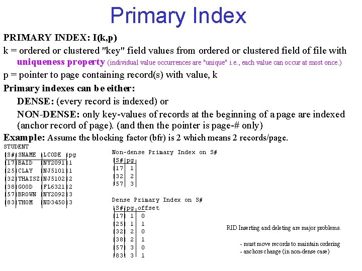 Primary Index PRIMARY INDEX: I(k, p) k = ordered or clustered "key" field values