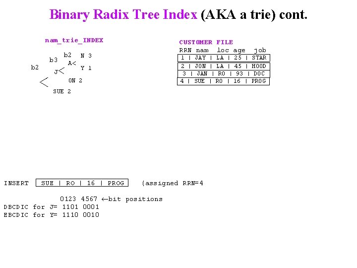 Binary Radix Tree Index (AKA a trie) cont. nam_trie_INDEX b 2 N 3 b