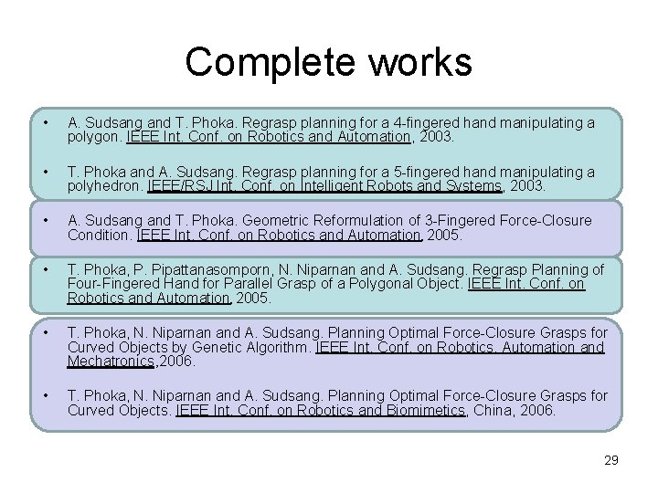 Complete works • A. Sudsang and T. Phoka. Regrasp planning for a 4 -fingered