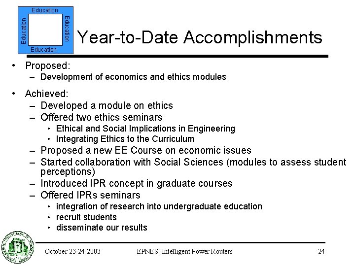 Education Year-to-Date Accomplishments • Proposed: – Development of economics and ethics modules • Achieved: