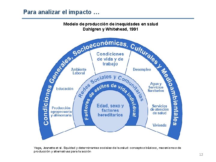 Para analizar el impacto … Modelo de producción de inequidades en salud Dahlgren y