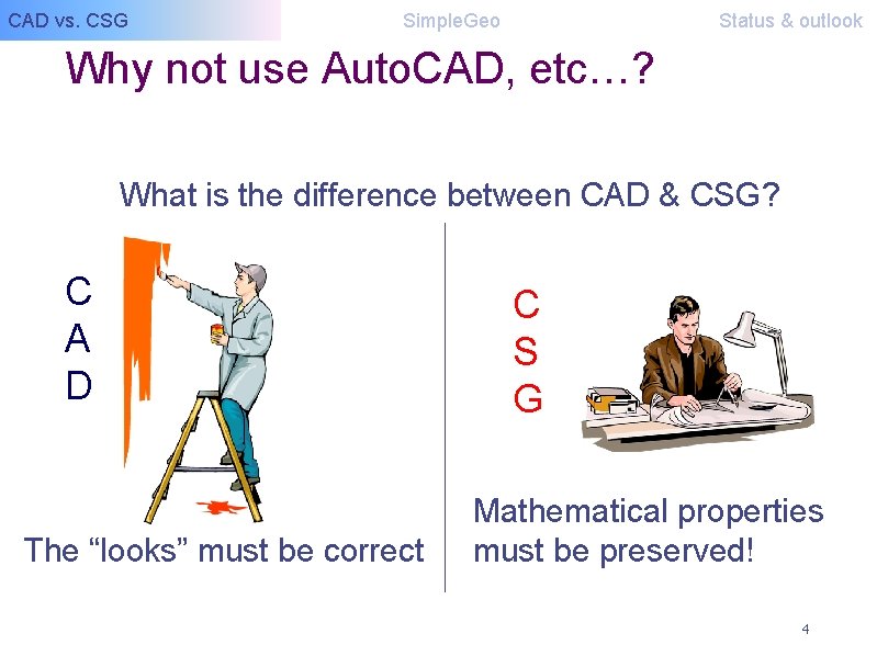 CAD vs. CSG Simple. Geo Status & outlook Why not use Auto. CAD, etc…?