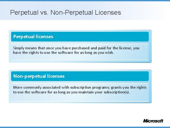 Perpetual vs. Non-Perpetual Licenses Perpetual licenses Simply means that once you have purchased and