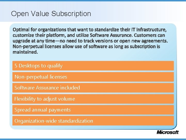 Open Value Subscription 5 Desktops to qualify Non-perpetual licenses Software Assurance included Flexibility to