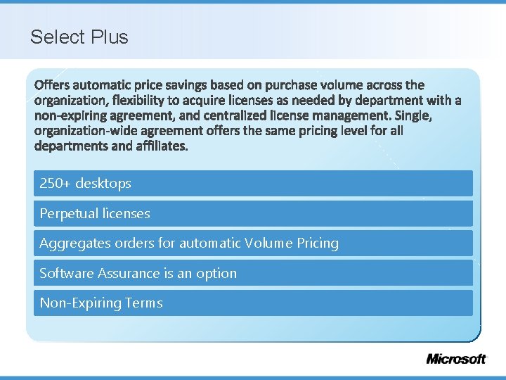 Select Plus 250+ desktops Perpetual licenses Aggregates orders for automatic Volume Pricing Software Assurance