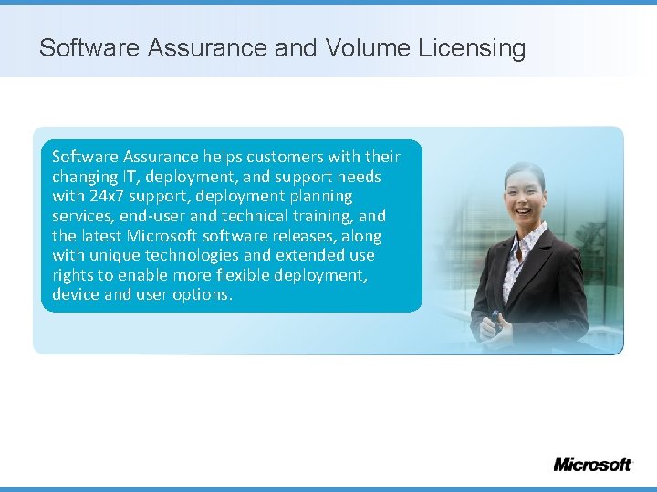 Software Assurance and Volume Licensing Software Assurance helps customers with their changing IT, deployment,