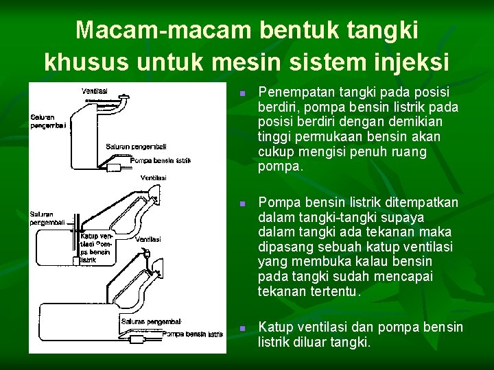 Macam-macam bentuk tangki khusus untuk mesin sistem injeksi n n n Penempatan tangki pada