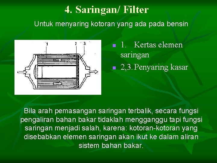 4. Saringan/ Filter Untuk menyaring kotoran yang ada pada bensin n n 1. Kertas