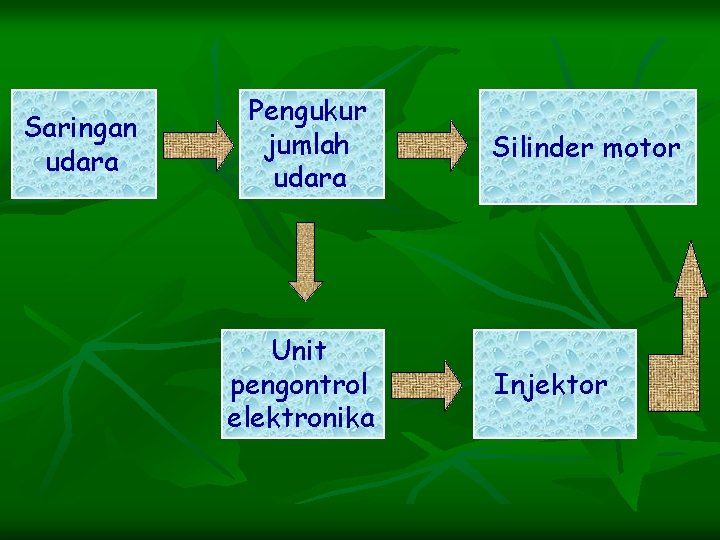 Saringan udara Pengukur jumlah udara Unit pengontrol elektronika Silinder motor Injektor 