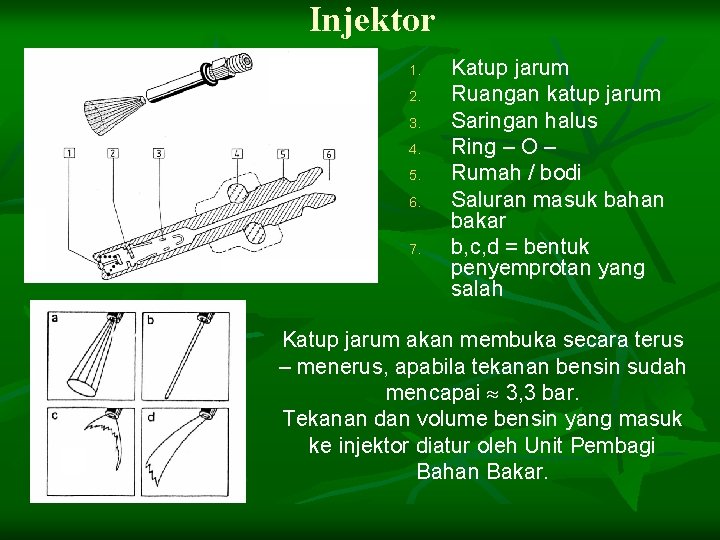 Injektor 1. 2. 3. 4. 5. 6. 7. Katup jarum Ruangan katup jarum Saringan