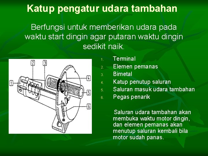 Katup pengatur udara tambahan Berfungsi untuk memberikan udara pada waktu start dingin agar putaran