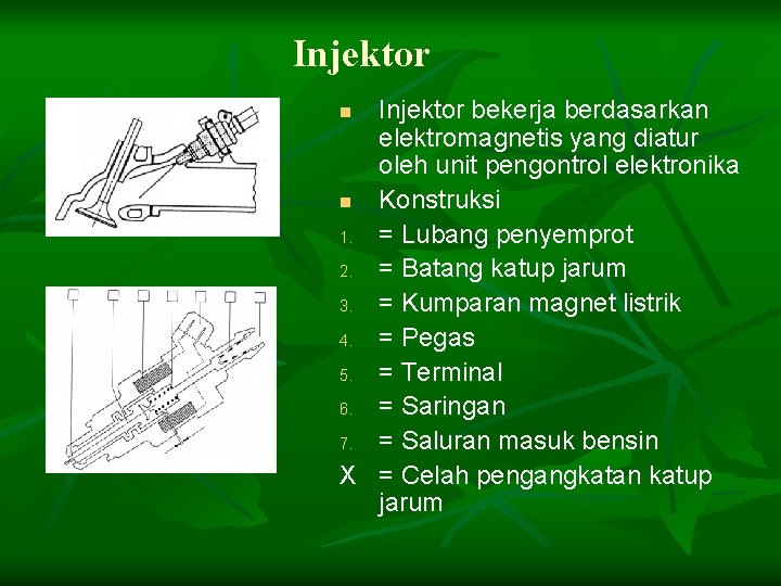 Injektor bekerja berdasarkan elektromagnetis yang diatur oleh unit pengontrol elektronika n Konstruksi 1. =