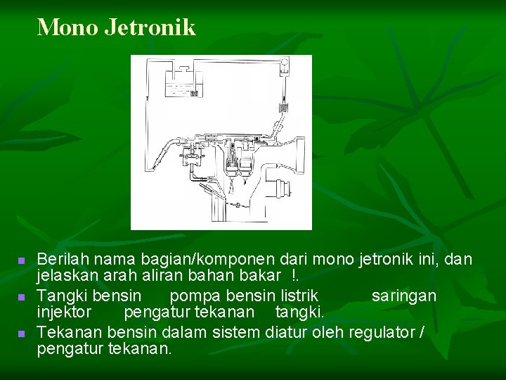 Mono Jetronik n n n Berilah nama bagian/komponen dari mono jetronik ini, dan jelaskan