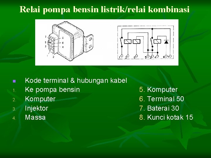 Relai pompa bensin listrik/relai kombinasi n 1. 2. 3. 4. Kode terminal & hubungan