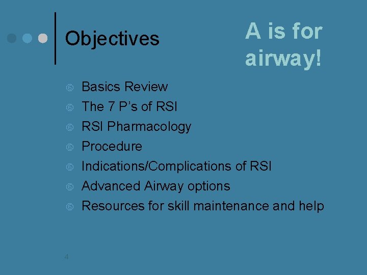 Objectives A is for airway! Basics Review The 7 P’s of RSI Pharmacology Procedure