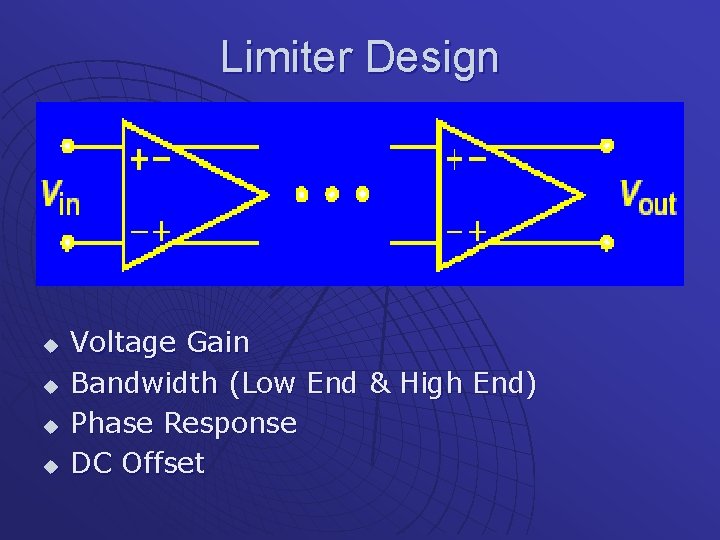 Limiter Design u u Voltage Gain Bandwidth (Low End & High End) Phase Response