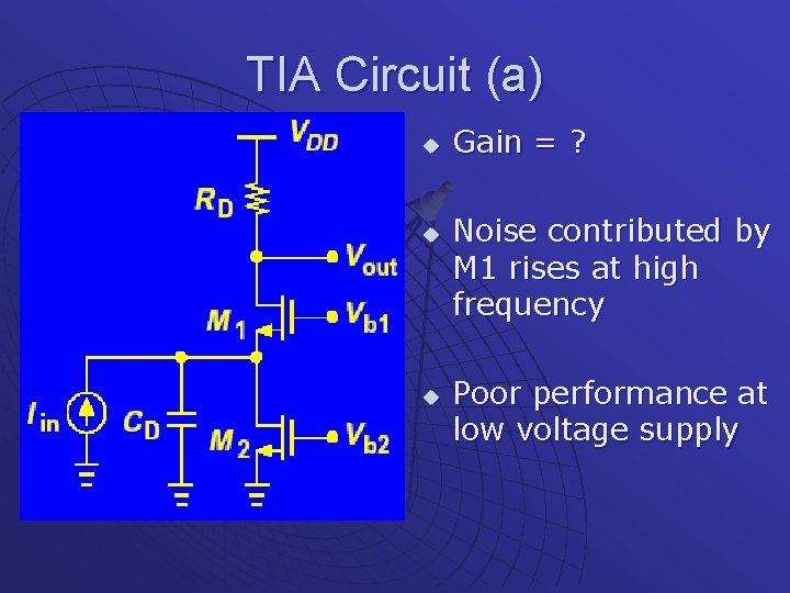 TIA Circuit (a) u u u Gain = ? Noise contributed by M 1