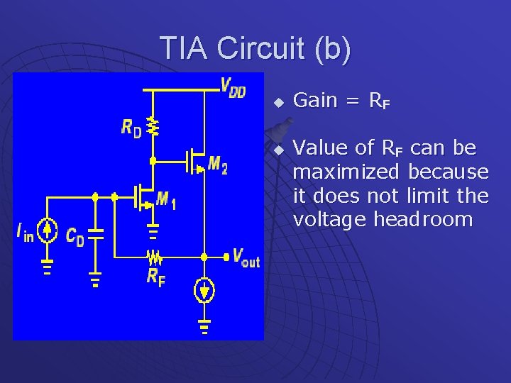TIA Circuit (b) u u Gain = RF Value of RF can be maximized
