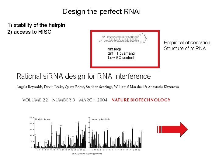 Design the perfect RNAi 1) stability of the hairpin 2) access to RISC 9