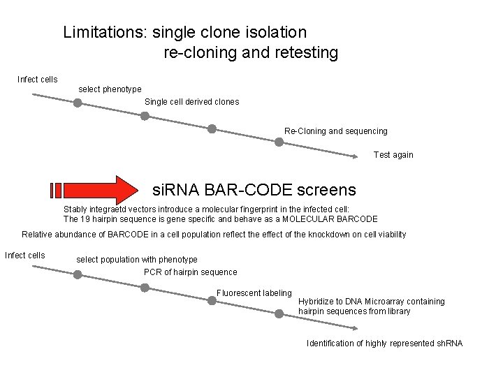 Limitations: single clone isolation re-cloning and retesting Infect cells select phenotype Single cell derived