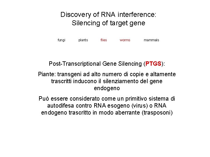 Discovery of RNA interference: Silencing of target gene fungi plants flies worms mammals Post-Transcriptional