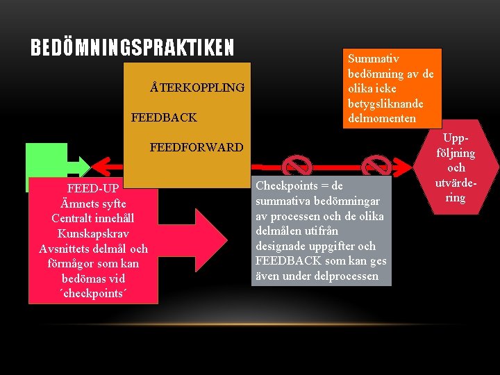 BEDÖMNINGSPRAKTIKEN ÅTERKOPPLING FEEDBACK Summativ bedömning av de olika icke betygsliknande delmomenten FEEDFORWARD FEED-UP Ämnets