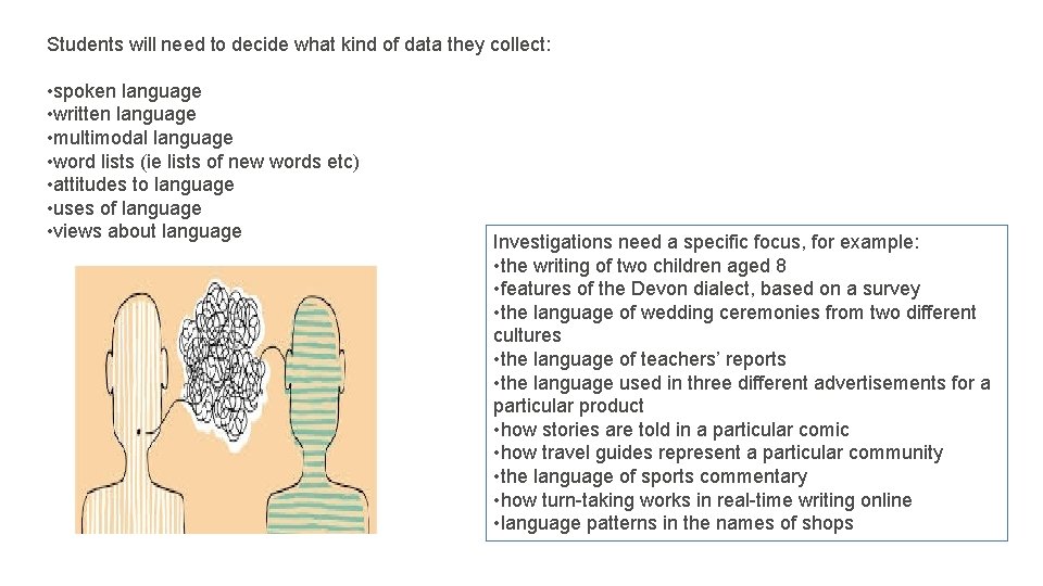 Students will need to decide what kind of data they collect: • spoken language