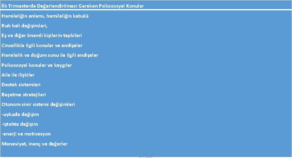 İlk Trimesterda Değerlendirilmesi Gereken Psikososyal Konular Hamileliğin anlamı, hamileliğin kabulü Ruh hali değişimleri, Eş