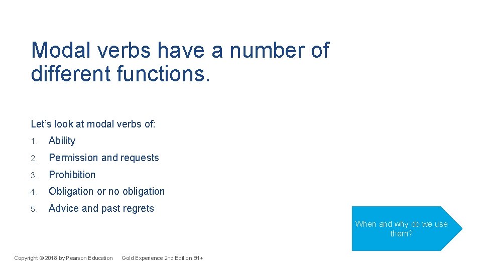 Modal verbs have a number of different functions. Let’s look at modal verbs of: