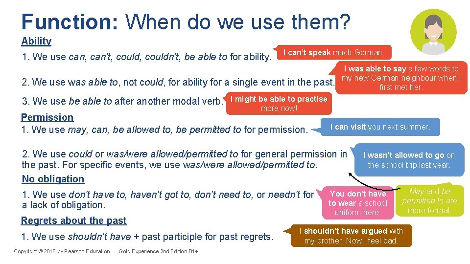 Function: When do we use them? Ability 1. We use can, can’t, couldn’t, be