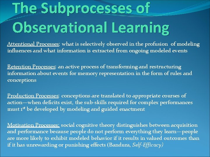 The Subprocesses of Observational Learning Attentional Processes: what is selectively observed in the profusion