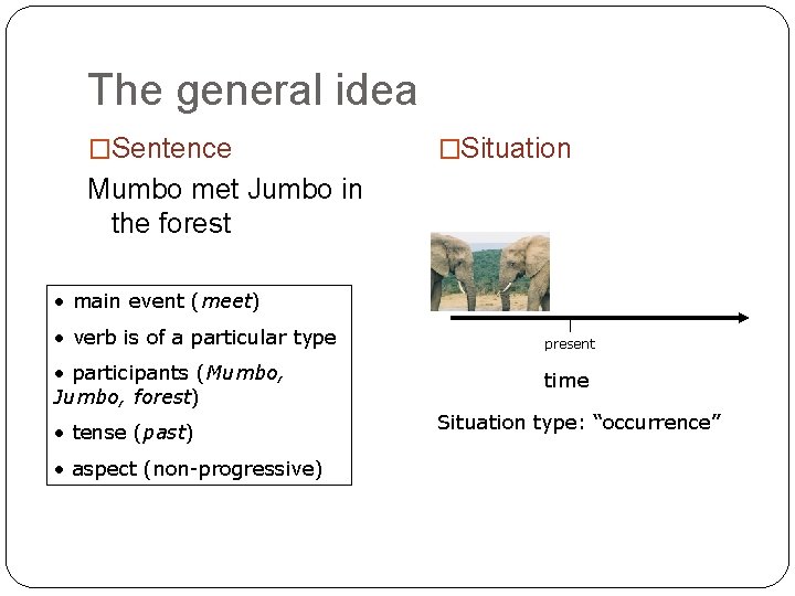 The general idea �Sentence �Situation Mumbo met Jumbo in the forest • main event