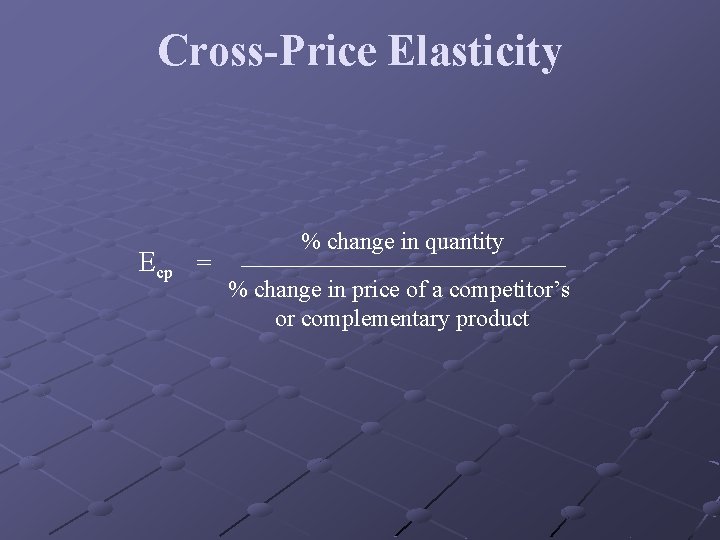 Cross-Price Elasticity Ecp = % change in quantity % change in price of a