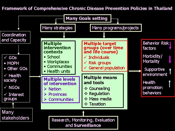 Framework of Comprehensive Chronic Disease Prevention Policies in Thailand Many Goals setting Many strategies