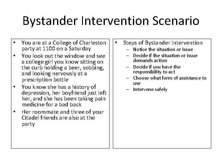 Bystander Intervention Scenario • You are at a College of Charleston party at 1100