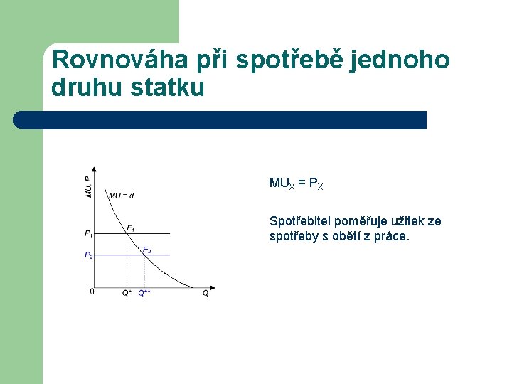 Rovnováha při spotřebě jednoho druhu statku MUX = PX Spotřebitel poměřuje užitek ze spotřeby