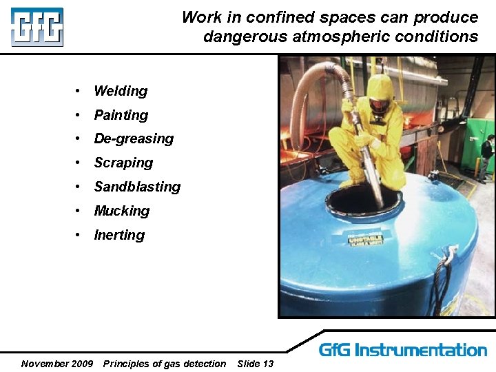 Work in confined spaces can produce dangerous atmospheric conditions • Welding • Painting •