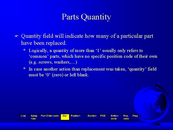 Parts Quantity F Quantity field will indicate how many of a particular part have