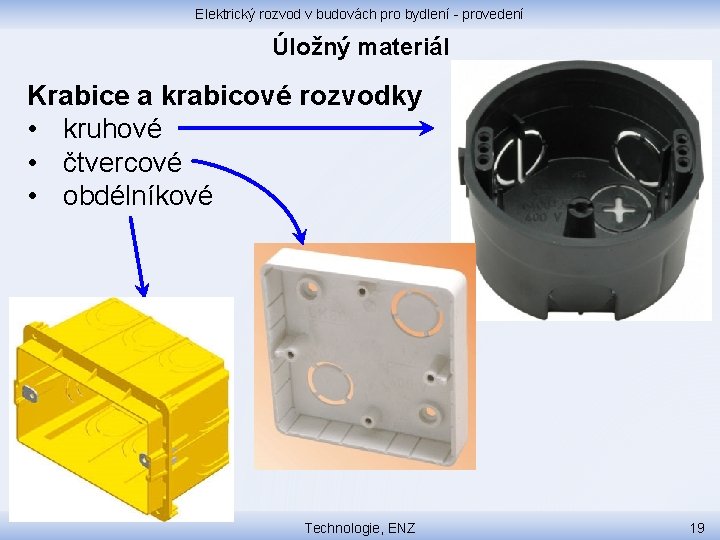 Elektrický rozvod v budovách pro bydlení - provedení Úložný materiál Krabice a krabicové rozvodky