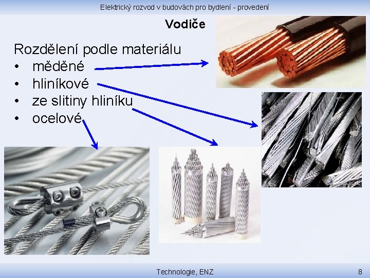 Elektrický rozvod v budovách pro bydlení - provedení Vodiče Rozdělení podle materiálu • měděné