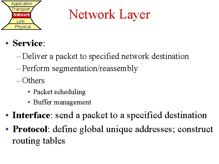 Application Transport Network Link Physical Network Layer • Service: – Deliver a packet to