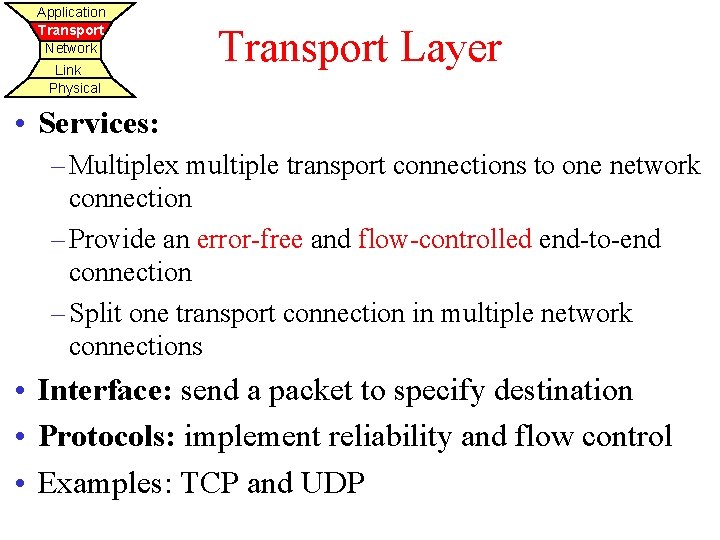 Application Transport Network Link Physical Transport Layer • Services: – Multiplex multiple transport connections