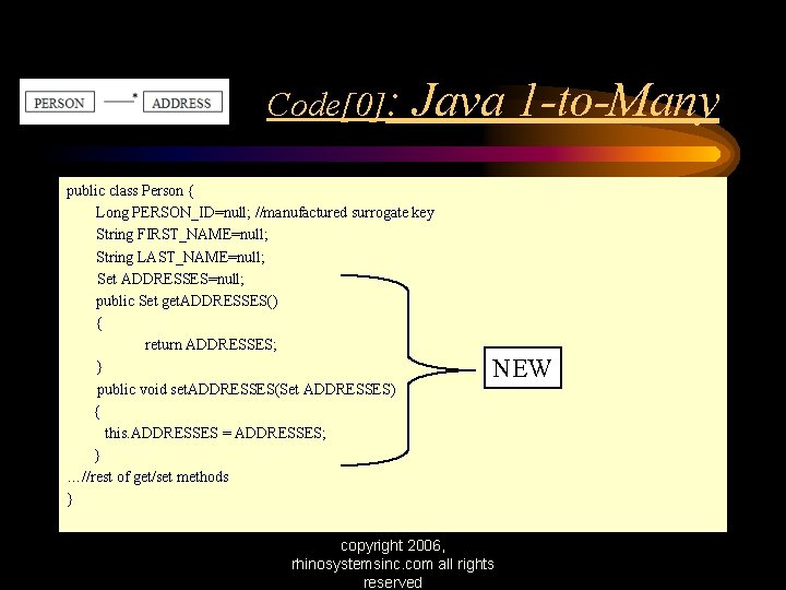 Code[0]: Java 1 -to-Many public class Person { Long PERSON_ID=null; //manufactured surrogate key String