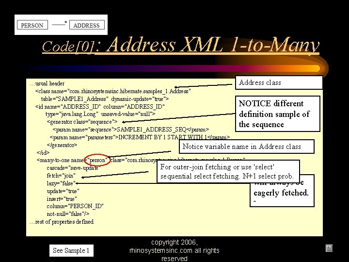 Code[0]: Address XML 1 -to-Many Address class …usual header <class name="com. rhinosystemsinc. hibernate. samples_1.